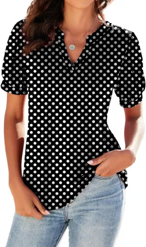 Neineiwu Women Dressy Casual V-Neck T-Shirts Loose Puff Short-Sleeve Tops Tunic Blouse