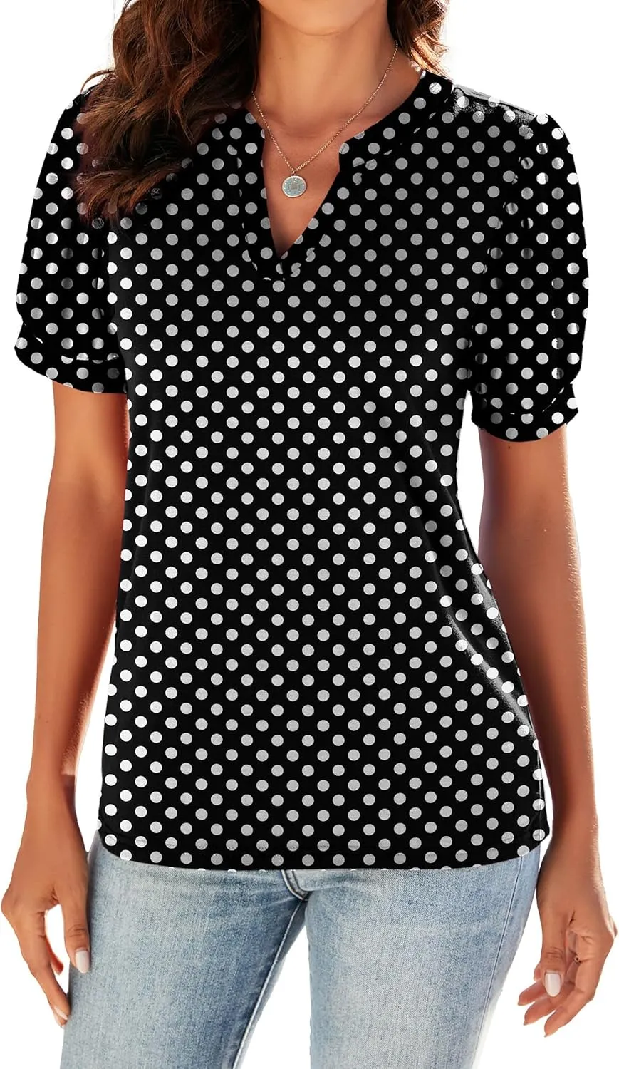 Neineiwu Women Dressy Casual V-Neck T-Shirts Loose Puff Short-Sleeve Tops Tunic Blouse