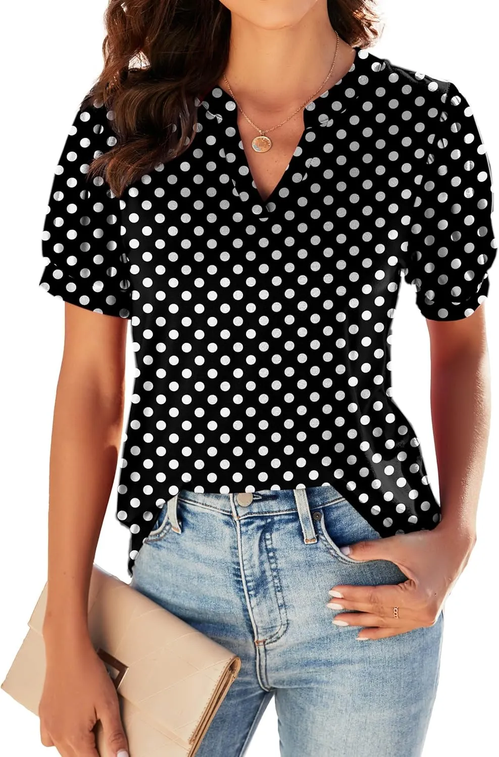 Neineiwu Women Dressy Casual V-Neck T-Shirts Loose Puff Short-Sleeve Tops Tunic Blouse