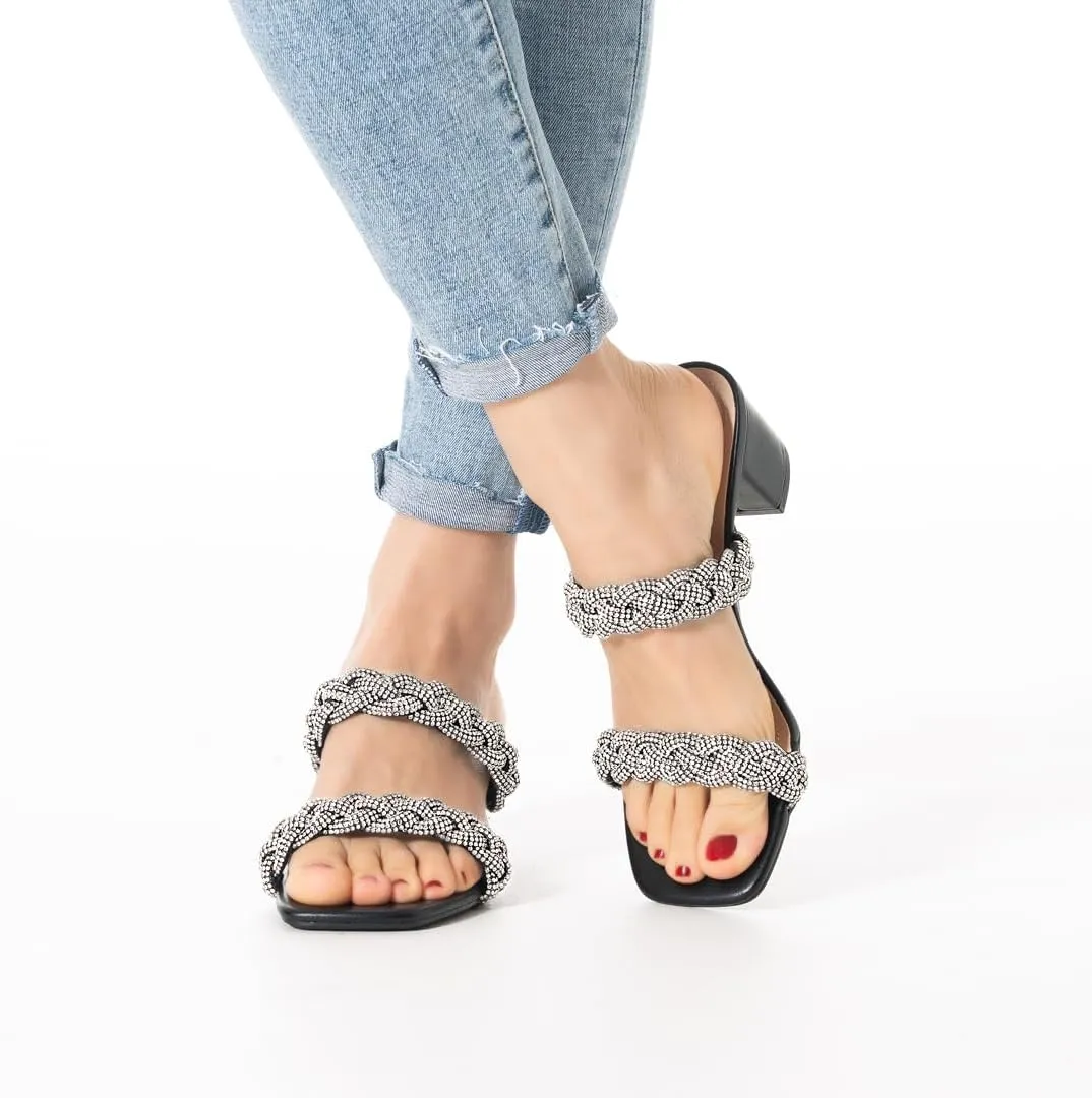 N.N.G Women Heels Sandals Braided Block Nude Summer Chunky Square Leather Woven Comfort Strappy Dress Casual Pumps Mules