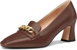 NobleOnly Heeled Loafers for Women Mid Chunky Block Loafers Close Square Toe Slip-on Pumps with Metal Chain Work Casual Pumps 2.8 Inches Heels