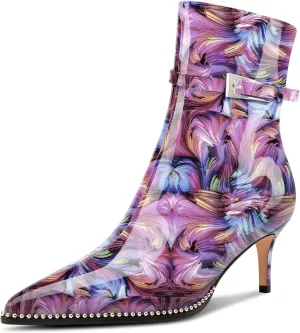 NobleOnly Mid Kitten Heel Close Beaded Pointed Toe Ankle Boots for Women Buckle Side Zipper Casual Office Short Boots 2.6 Inches