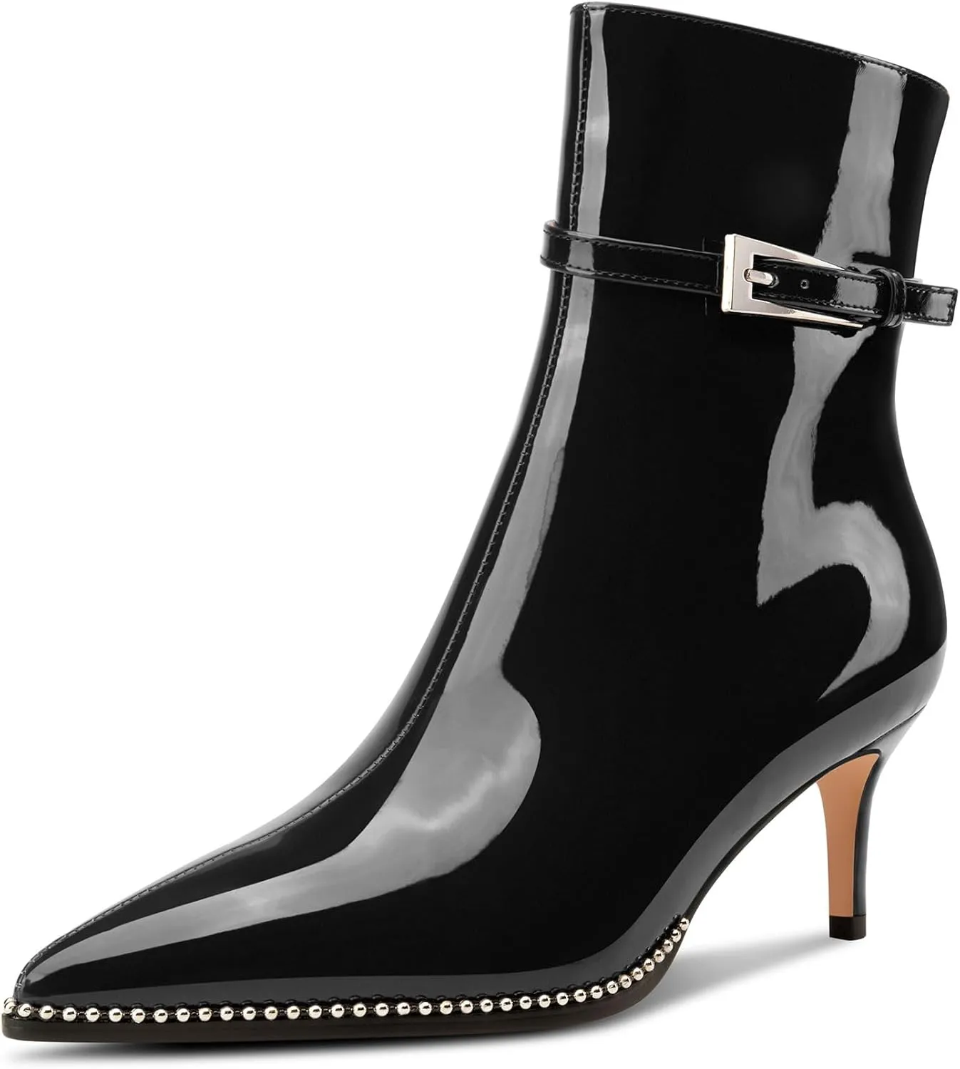 NobleOnly Mid Kitten Heel Close Beaded Pointed Toe Ankle Boots for Women Buckle Side Zipper Casual Office Short Boots 2.6 Inches
