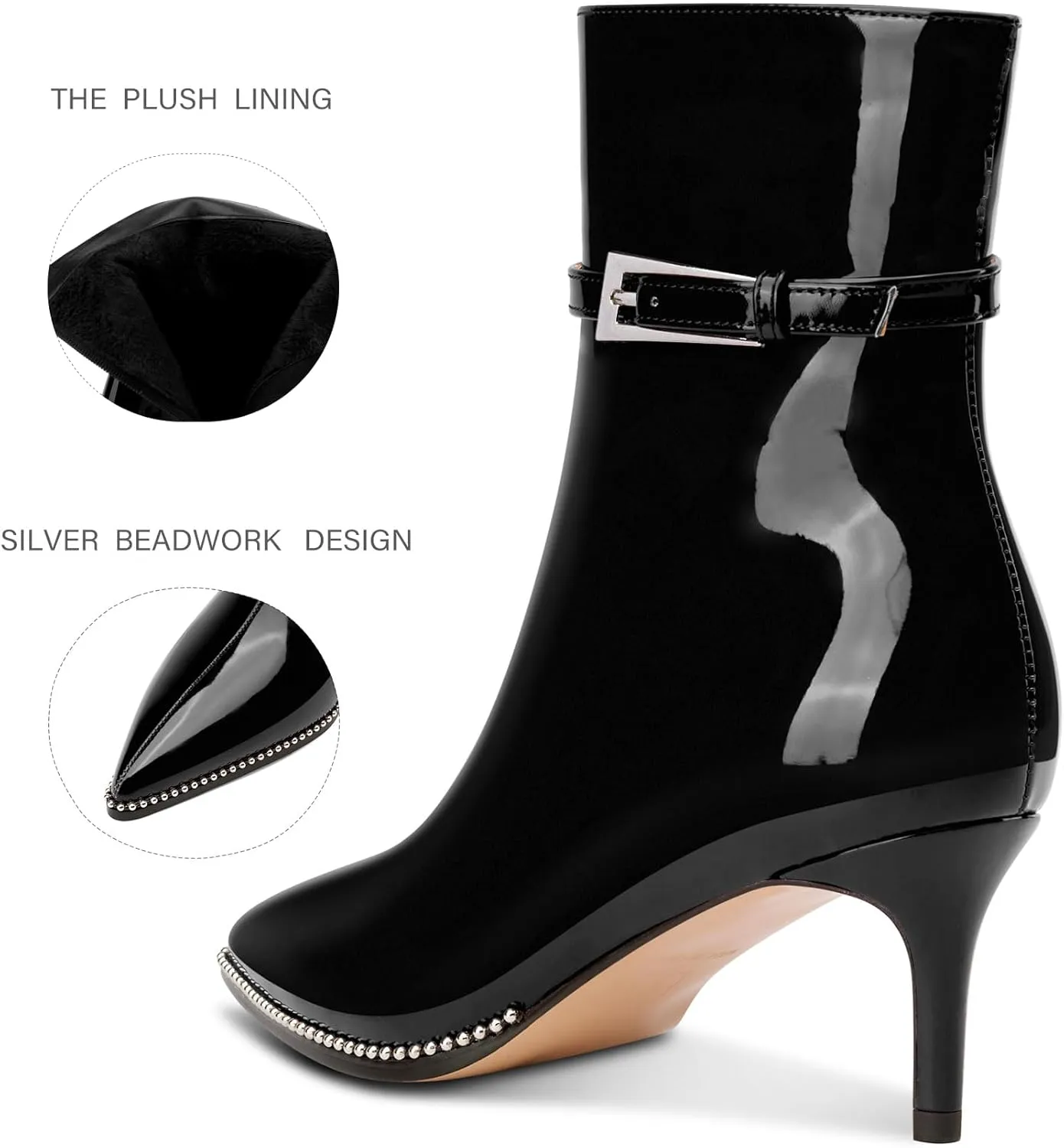 NobleOnly Mid Kitten Heel Close Beaded Pointed Toe Ankle Boots for Women Buckle Side Zipper Casual Office Short Boots 2.6 Inches