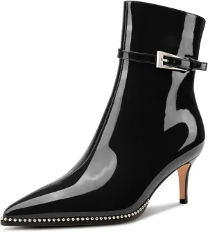 NobleOnly Mid Kitten Heel Close Beaded Pointed Toe Ankle Boots for Women Buckle Side Zipper Casual Office Short Boots 2.6 Inches
