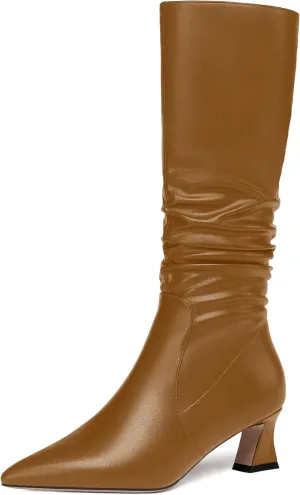 NUMALEO Womens Matte Zip Casual Bridal Fashion Pointed Toe Chunky High Heel Knee High Boots 2 Inch
