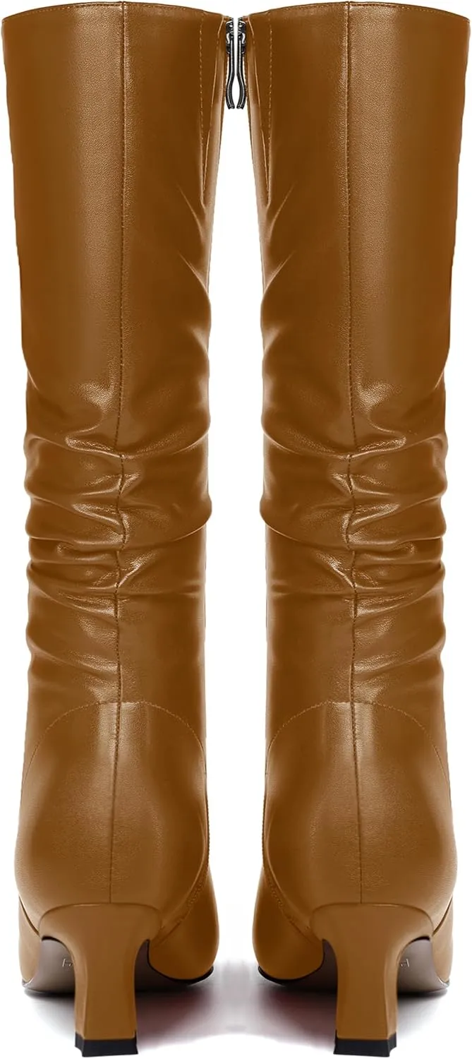 NUMALEO Womens Matte Zip Casual Bridal Fashion Pointed Toe Chunky High Heel Knee High Boots 2 Inch