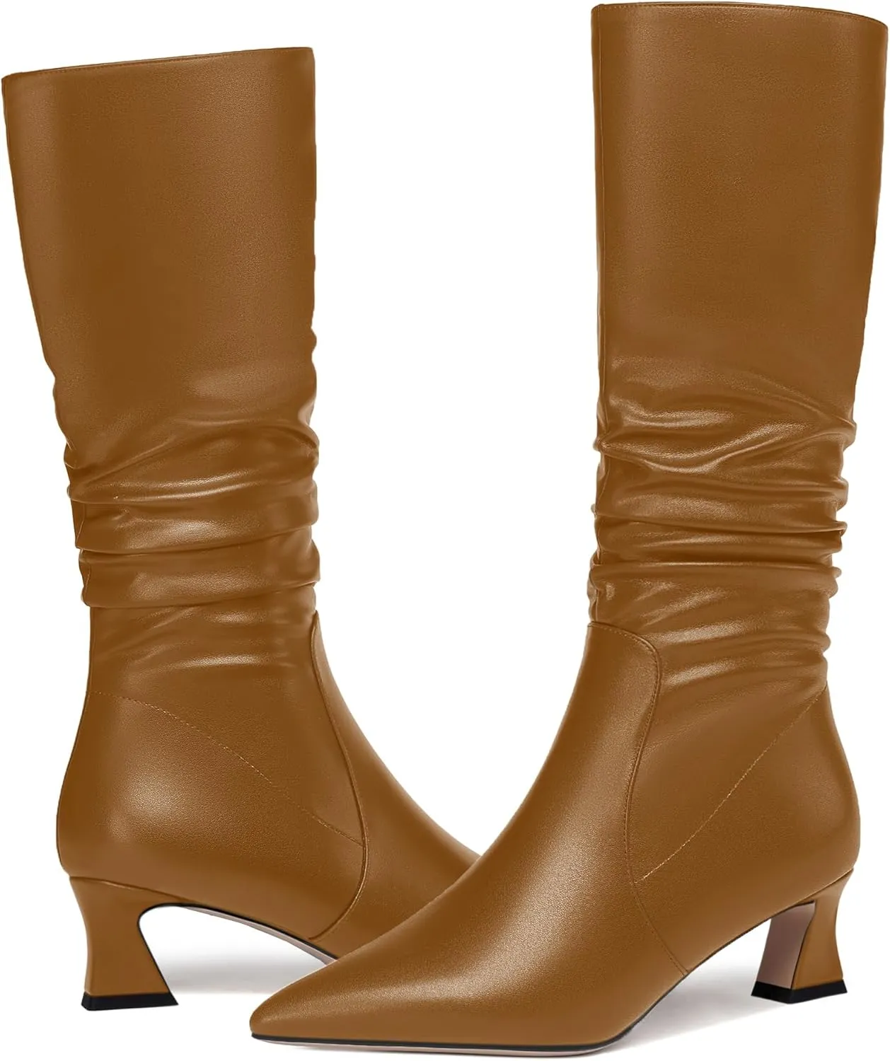 NUMALEO Womens Matte Zip Casual Bridal Fashion Pointed Toe Chunky High Heel Knee High Boots 2 Inch