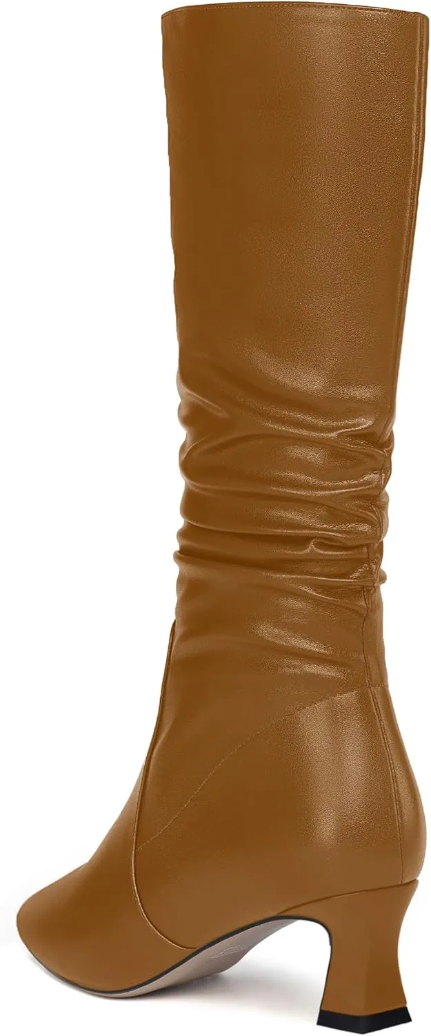 NUMALEO Womens Matte Zip Casual Bridal Fashion Pointed Toe Chunky High Heel Knee High Boots 2 Inch