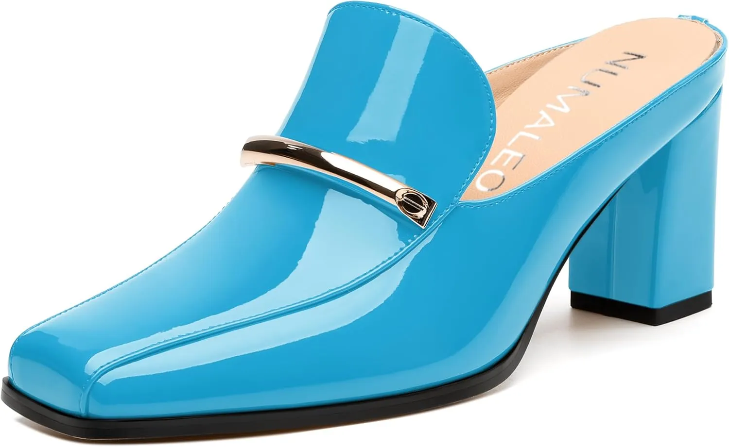 NUMALEO Womens Mules Chunky Block Heel Loafers Slip On Heeled Mules Closed Square Toe Heels Mules for Women Comfortable Dressy Backless Loafers Shoes for Office Work Casual
