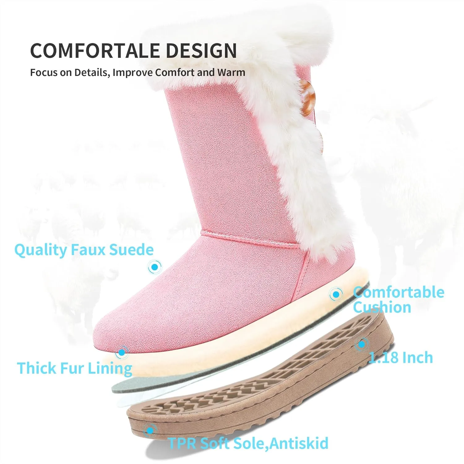 Obtaom Women’s winter snow boots Short Mid Calf fashion boot Art Resin button Faux Suede boots for women