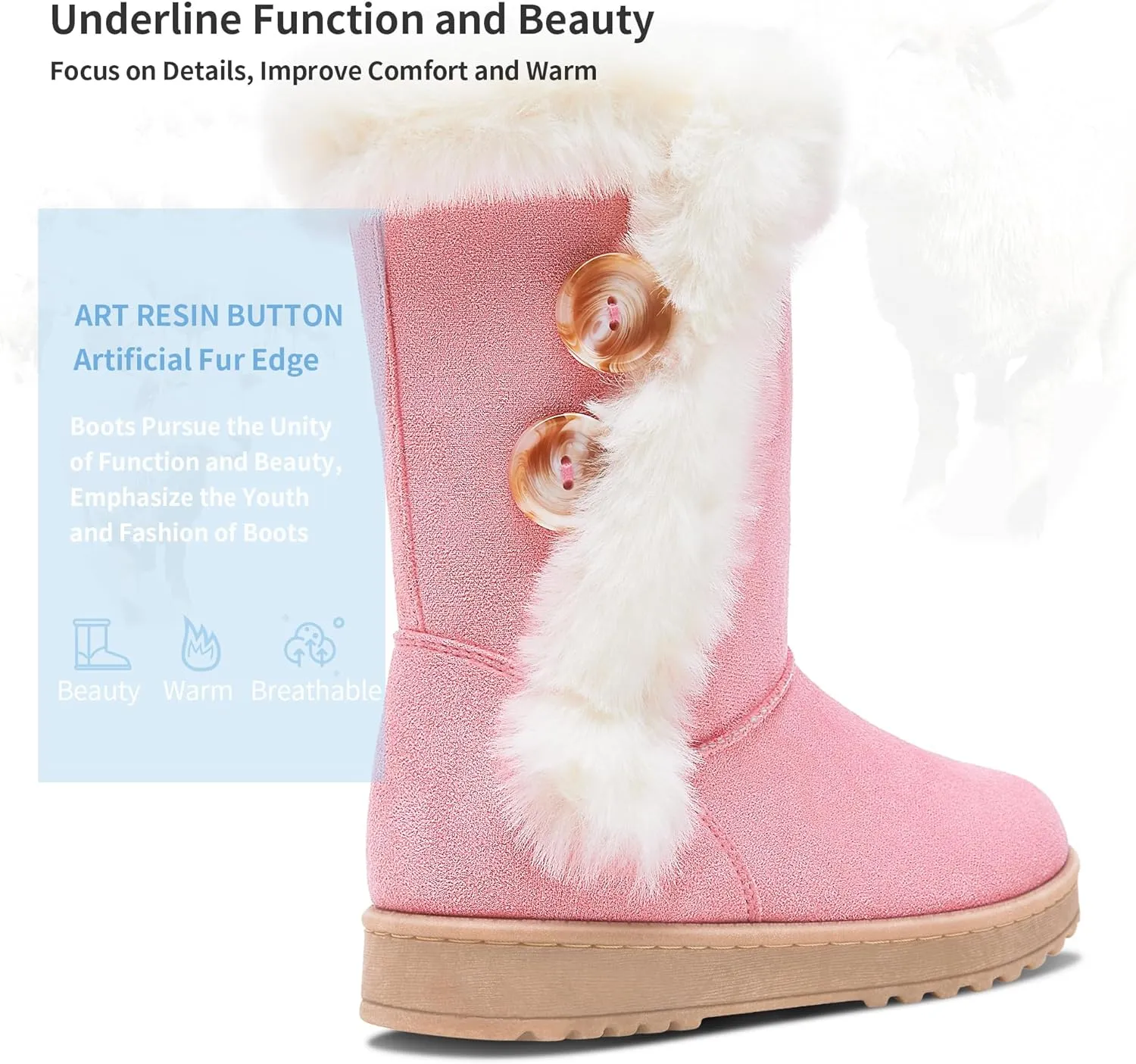 Obtaom Women’s winter snow boots Short Mid Calf fashion boot Art Resin button Faux Suede boots for women