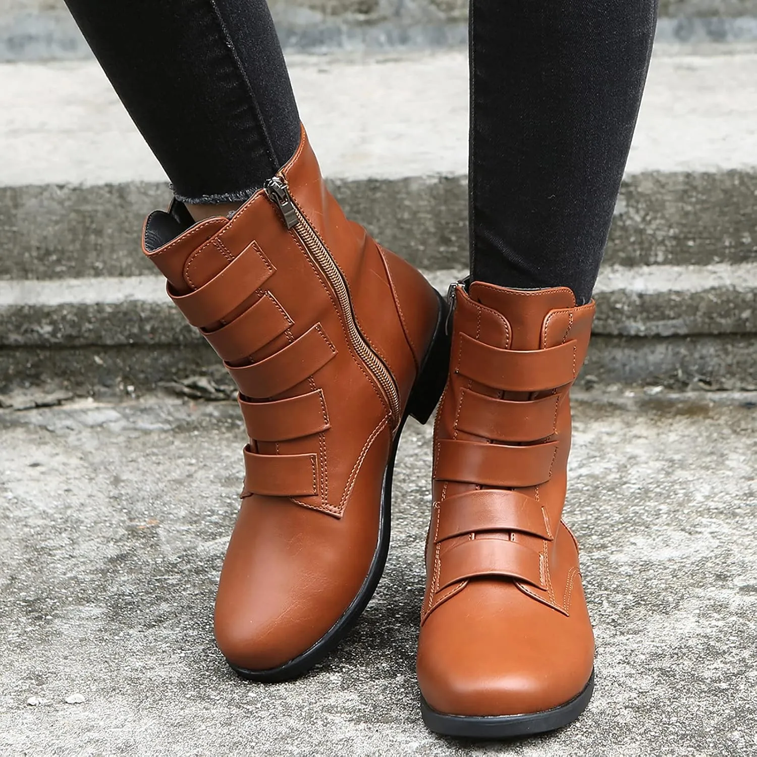 oiangi Ankle Boots for Women Low Heel Fashion Round Toe Solid Straps Side Zipper Medium Tube Low Heel Short Boots Casual Indoor Outdoor Ladies Shoes