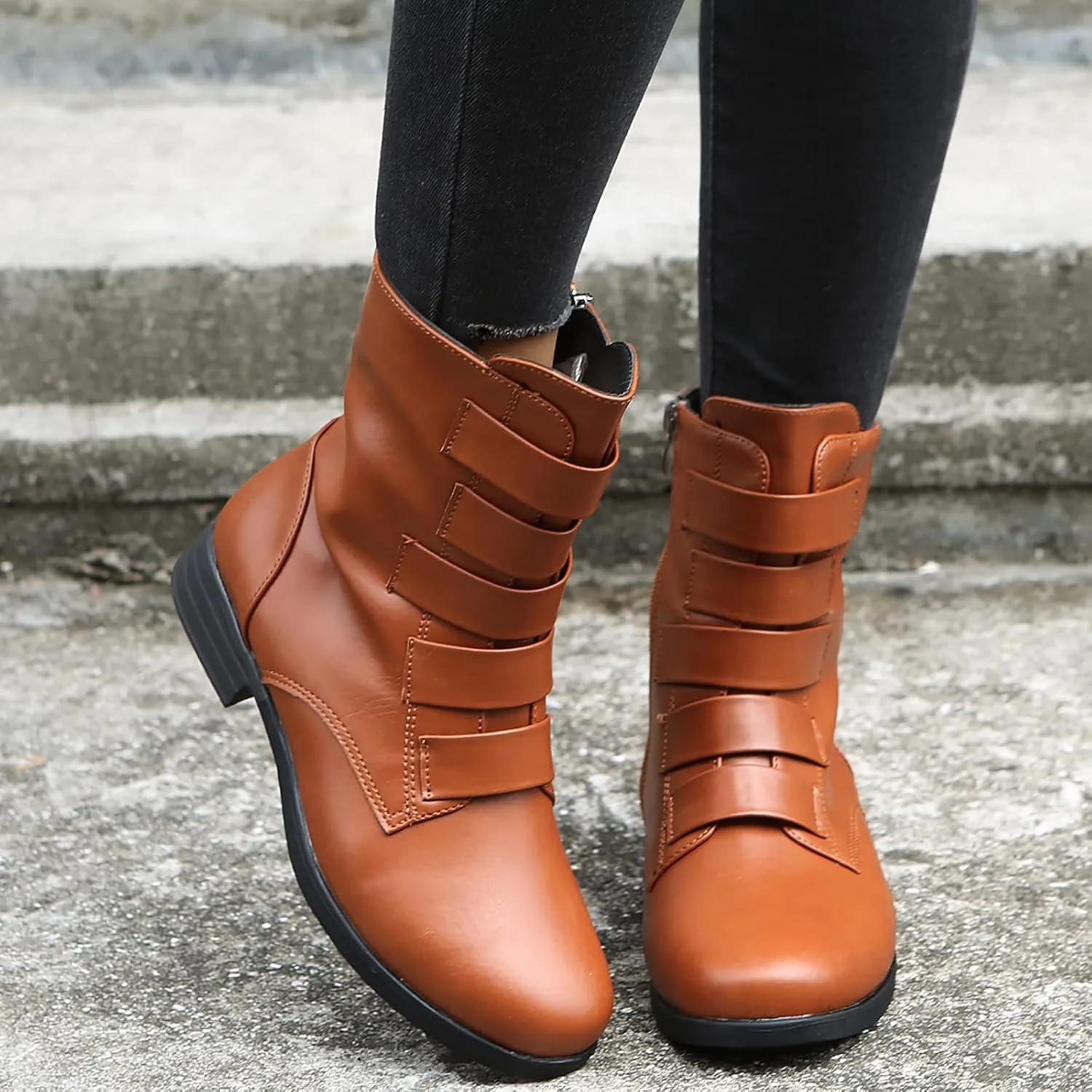 oiangi Ankle Boots for Women Low Heel Fashion Round Toe Solid Straps Side Zipper Medium Tube Low Heel Short Boots Casual Indoor Outdoor Ladies Shoes