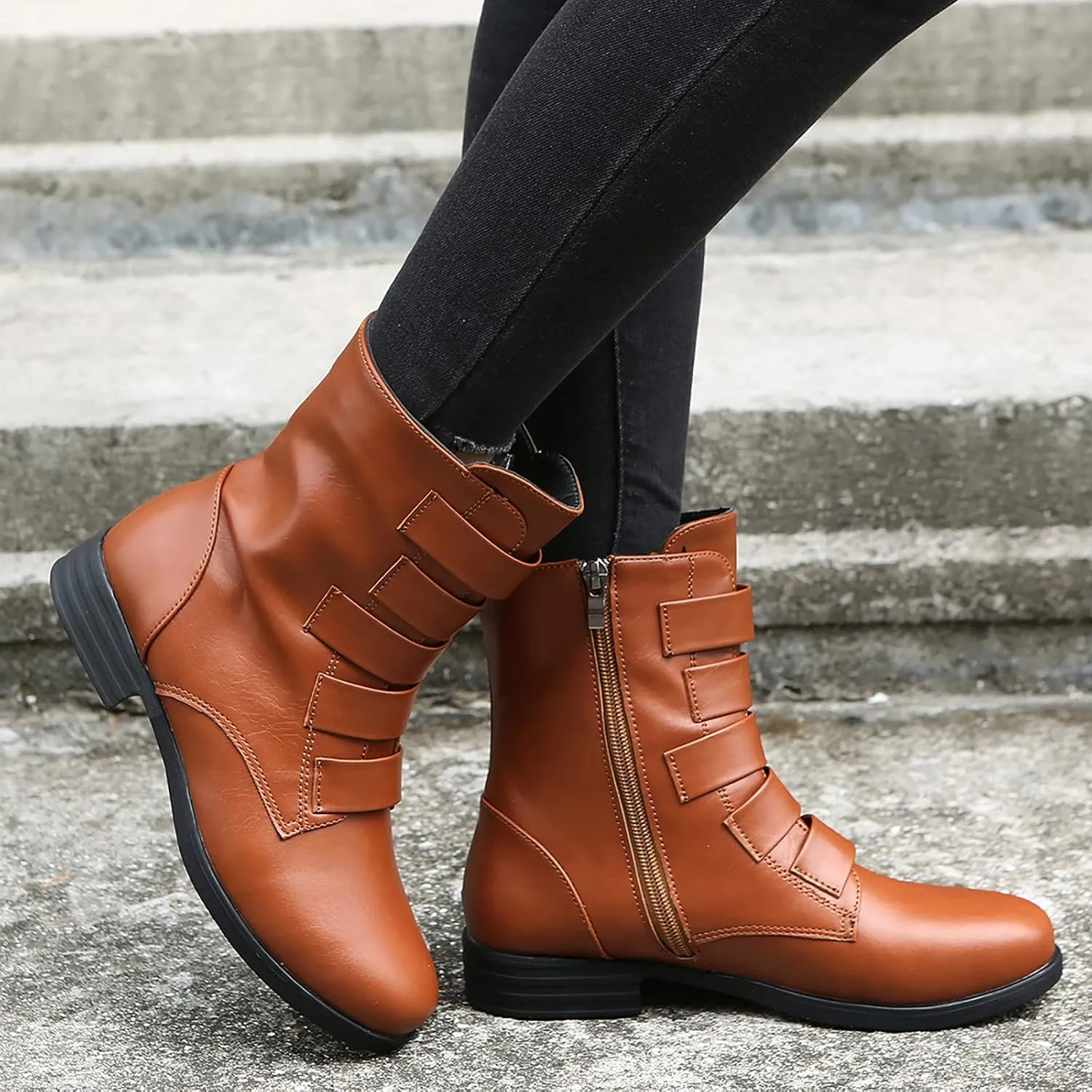 oiangi Ankle Boots for Women Low Heel Fashion Round Toe Solid Straps Side Zipper Medium Tube Low Heel Short Boots Casual Indoor Outdoor Ladies Shoes