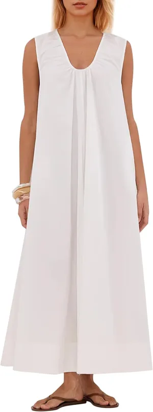 OLAPTA Women Summer Sleeveless Maxi Dress Scoop Neck Ruched Loose Fit Casual Elegant Solid Vacation Long Dress with Pockets
