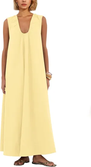 OLAPTA Women Summer Sleeveless Maxi Dress Scoop Neck Ruched Loose Fit Casual Elegant Solid Vacation Long Dress with Pockets