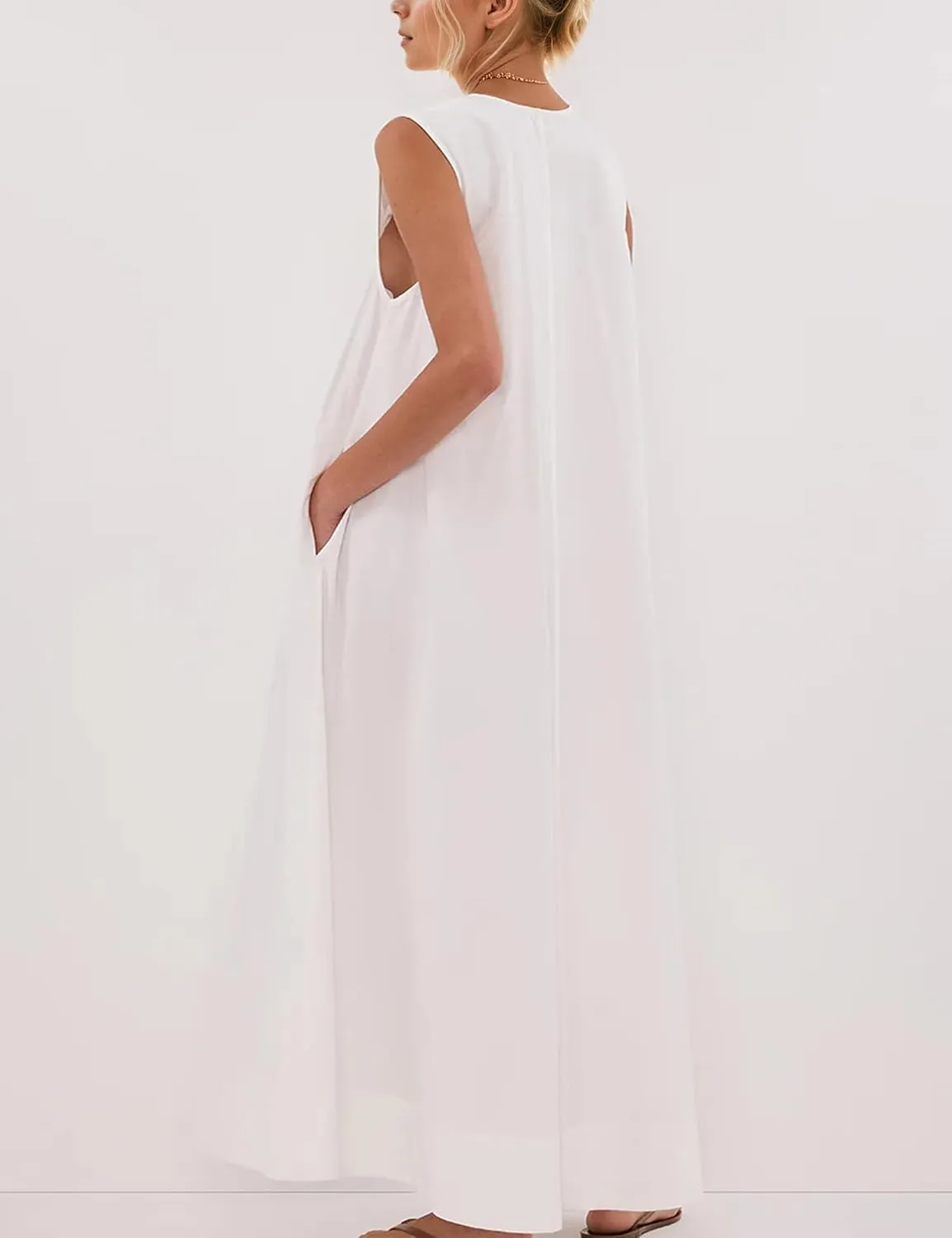 OLAPTA Women Summer Sleeveless Maxi Dress Scoop Neck Ruched Loose Fit Casual Elegant Solid Vacation Long Dress with Pockets