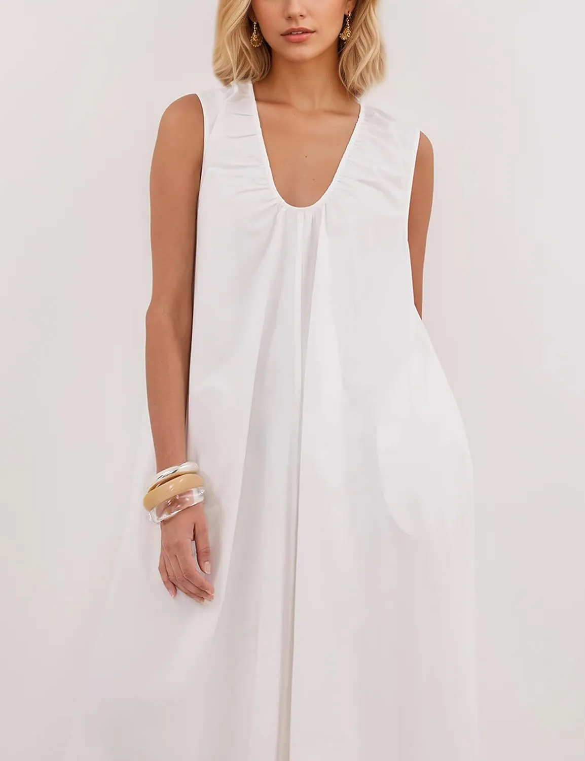OLAPTA Women Summer Sleeveless Maxi Dress Scoop Neck Ruched Loose Fit Casual Elegant Solid Vacation Long Dress with Pockets
