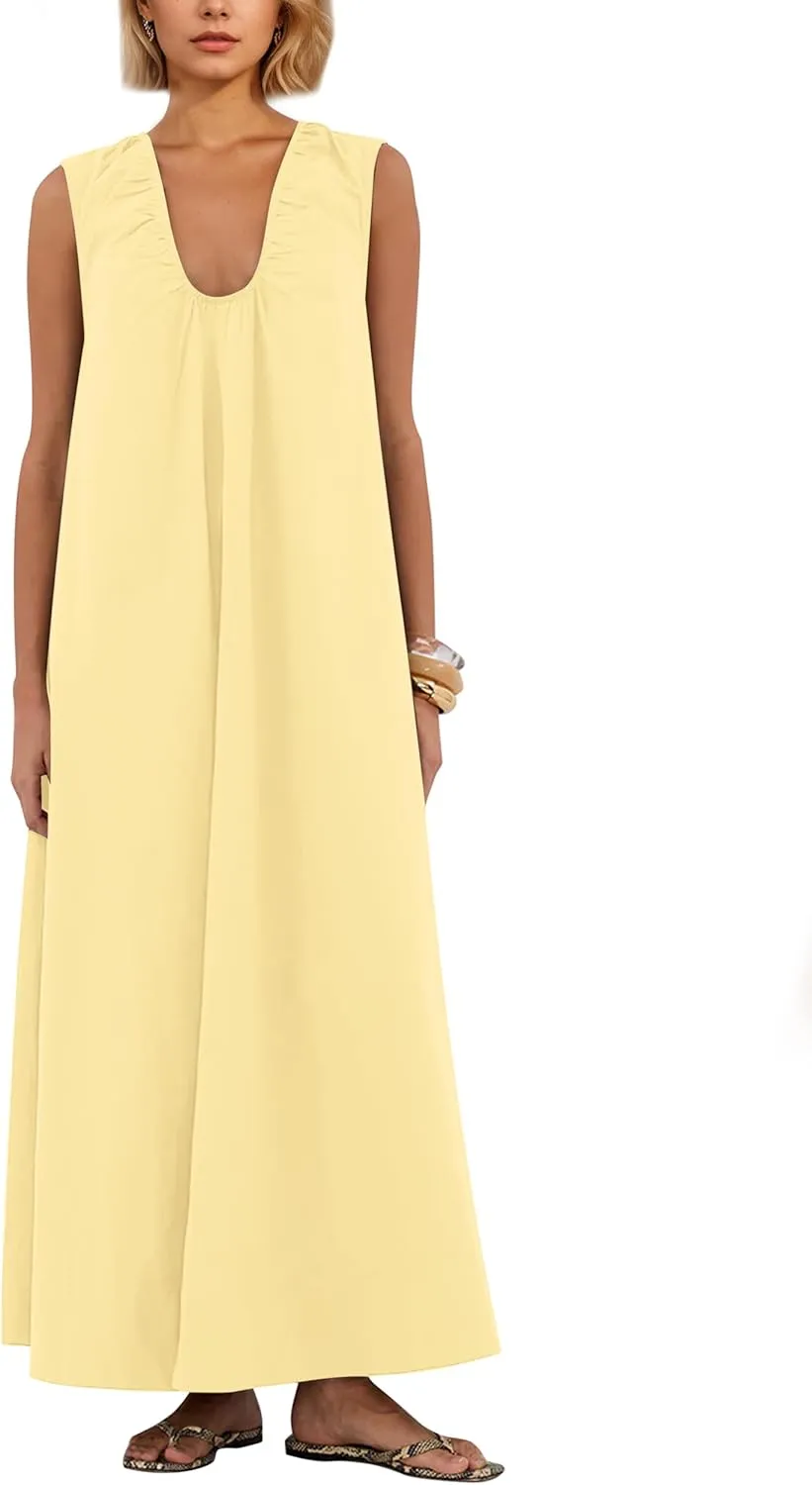 OLAPTA Women Summer Sleeveless Maxi Dress Scoop Neck Ruched Loose Fit Casual Elegant Solid Vacation Long Dress with Pockets