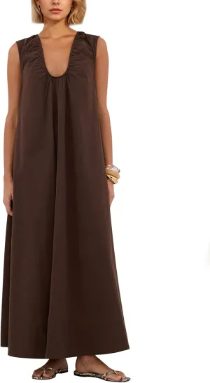 OLAPTA Women Summer Sleeveless Maxi Dress Scoop Neck Ruched Loose Fit Casual Elegant Solid Vacation Long Dress with Pockets