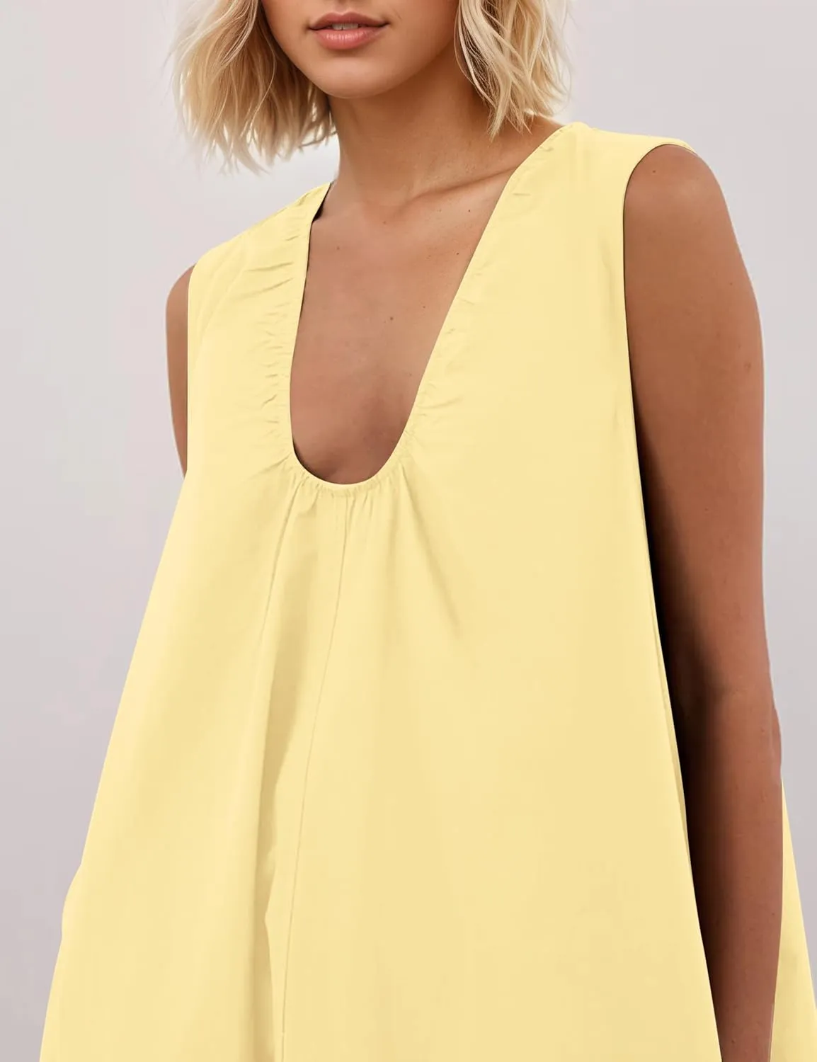 OLAPTA Women Summer Sleeveless Maxi Dress Scoop Neck Ruched Loose Fit Casual Elegant Solid Vacation Long Dress with Pockets