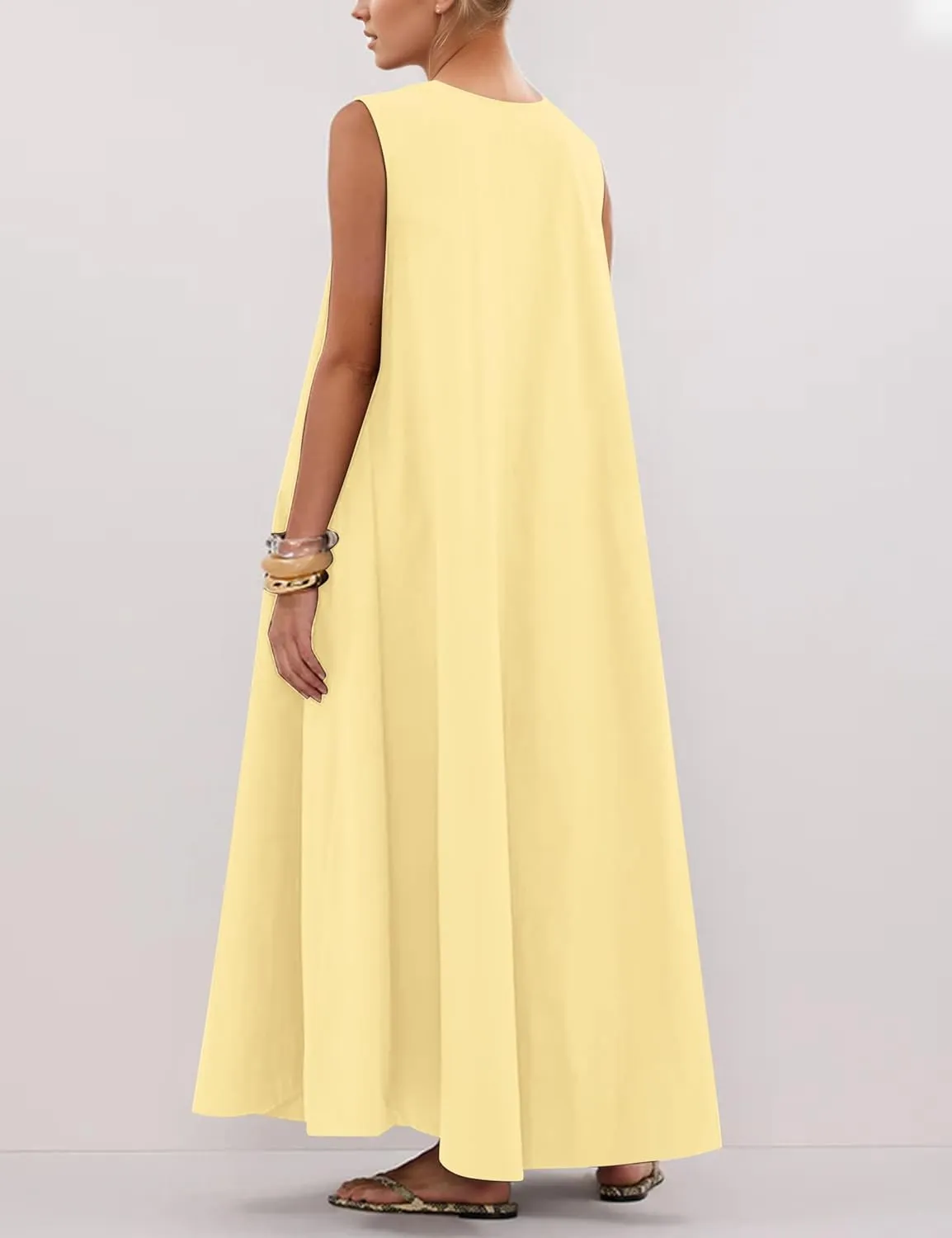 OLAPTA Women Summer Sleeveless Maxi Dress Scoop Neck Ruched Loose Fit Casual Elegant Solid Vacation Long Dress with Pockets