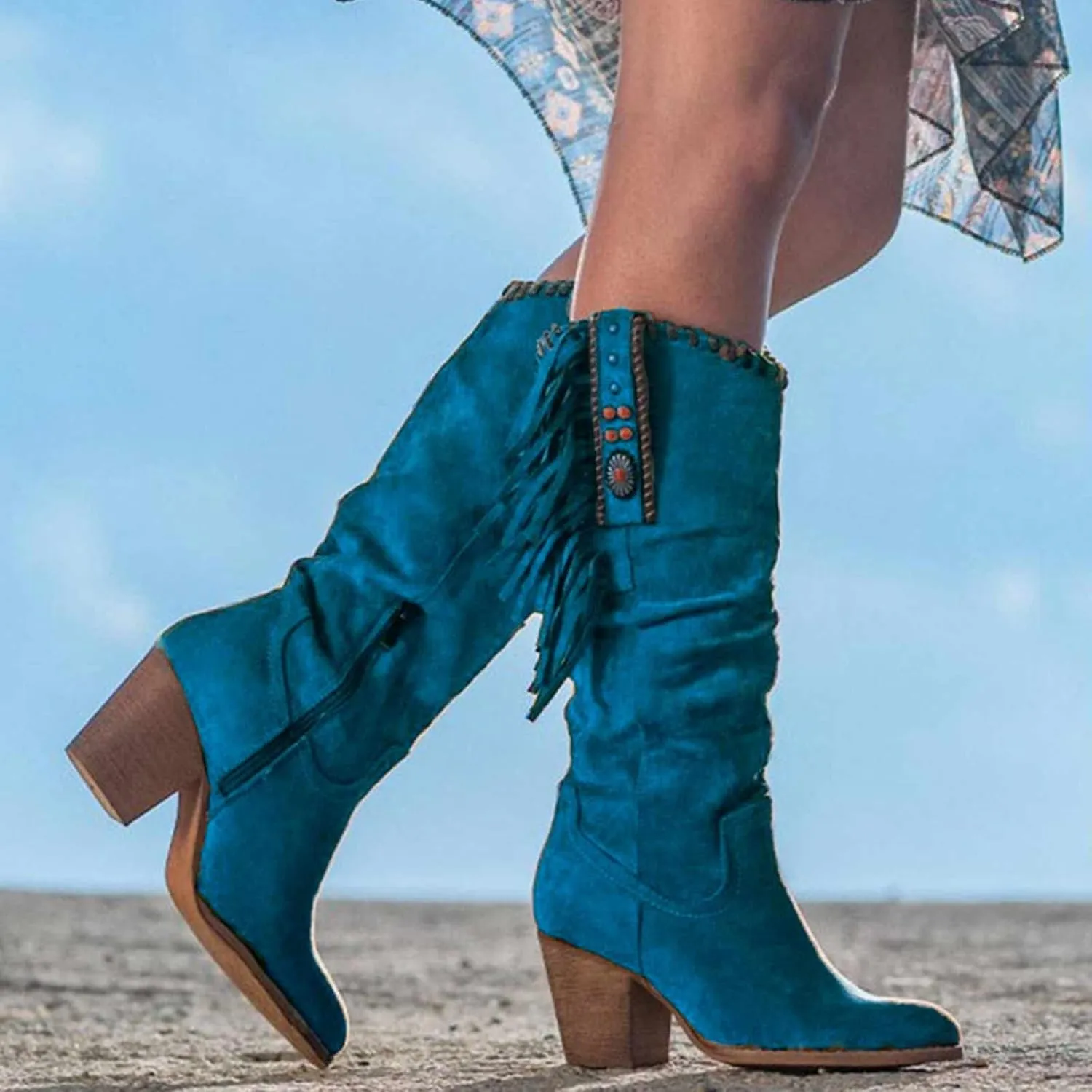 OMEARK Women's Cowboy Tall Boots, Fashion Round Toe High Heel Long Boots with Fringe, Winter Suede Wide Calf Western Cowboy Boots Side Zipper Thick Heels Biker Boots for Ladies