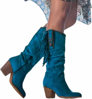 OMEARK Women's Cowboy Tall Boots, Fashion Round Toe High Heel Long Boots with Fringe, Winter Suede Wide Calf Western Cowboy Boots Side Zipper Thick Heels Biker Boots for Ladies