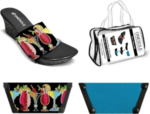 Onesole Casual Eve Black Faux Cork Wedge, Interchangeable 5 O’clock Somewhere tops, Turquoise tops and a travel bag, women's wedge Sandals 2.5 inch heel with 1 inch platform, (Size 8)