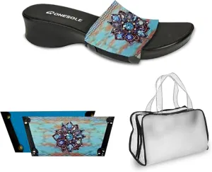 Onesole Leisure Denim Burst Shoe Kit, interchangeable Denim Burst and Solid Dusky Blue tops and Clear Travel Bag, Tops for women's wedge Sandals 1 1/2" heel, As Seen on Shark Tank (Size 10)