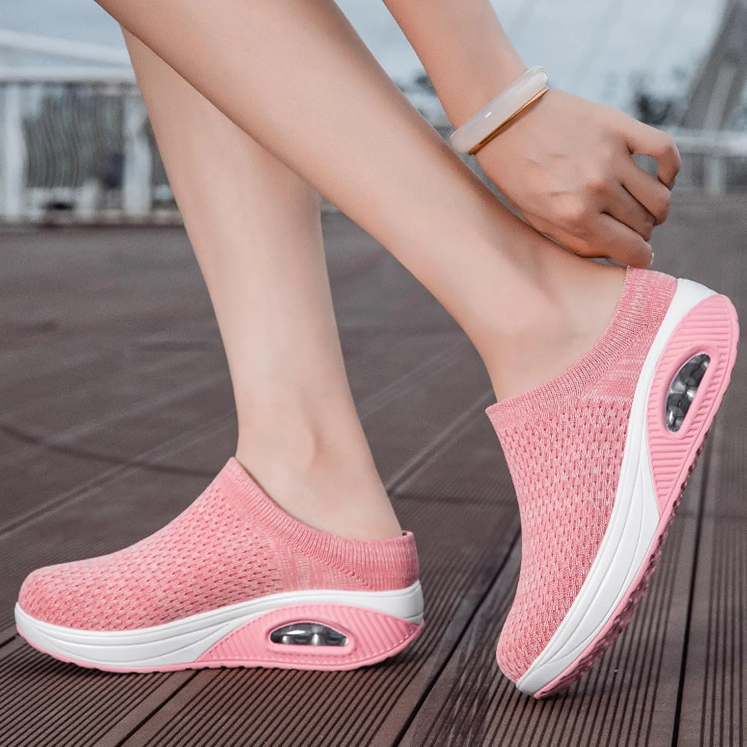 Orthopedic Mule Clogs for Women Stretch Knitted Platform Closed Round Toe Comfortable Breathable Air Cushion Walking Sliipers Open Back Wedge Heel Casual Mules Sneaker with Arch Support