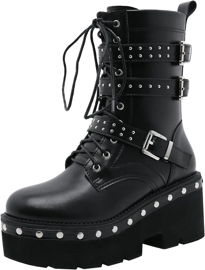 Parisuit Womens Goth Patent Ankle Boots Platform Chunky High Heel Lace Up Combat Boots Punk Short Booties
