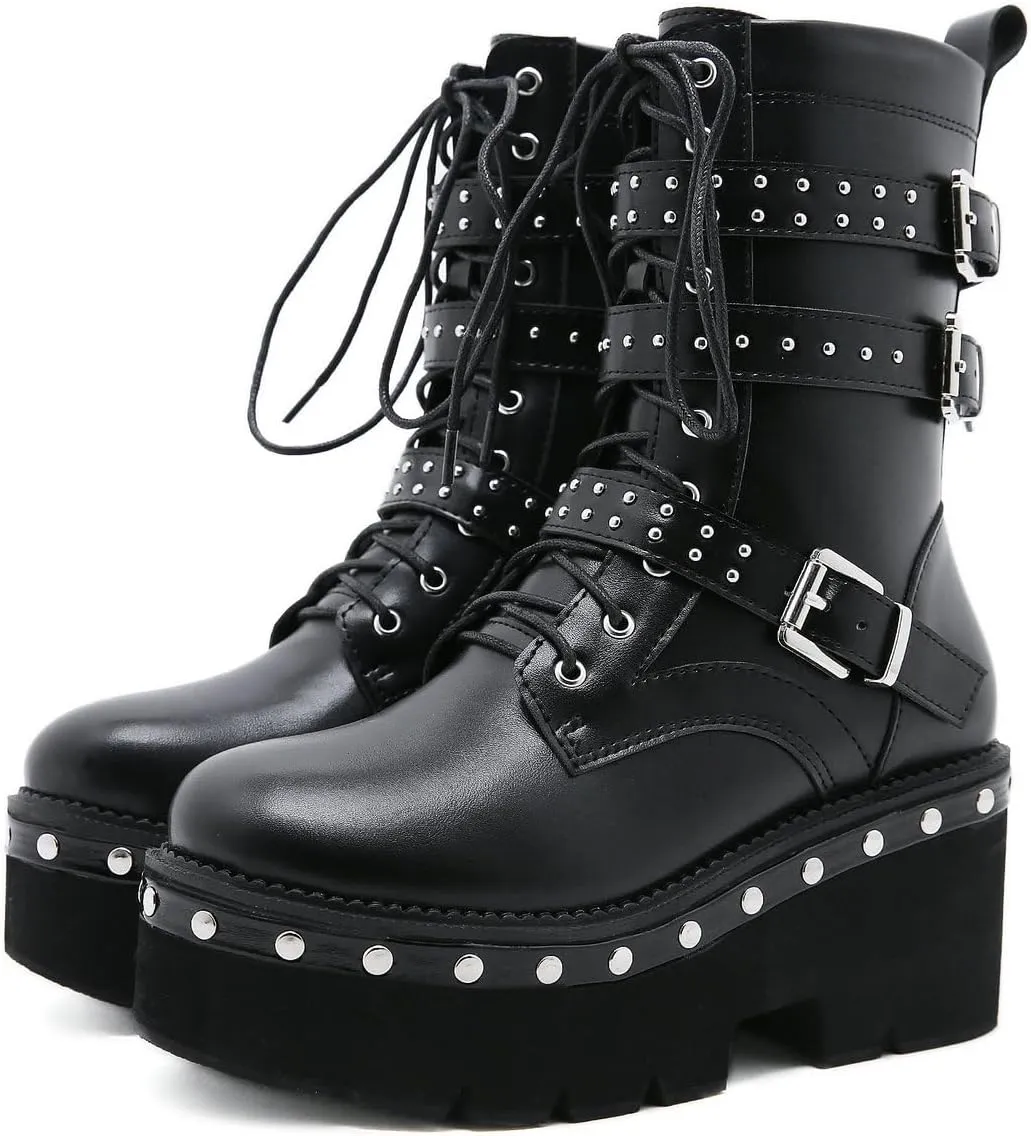 Parisuit Womens Goth Patent Ankle Boots Platform Chunky High Heel Lace Up Combat Boots Punk Short Booties