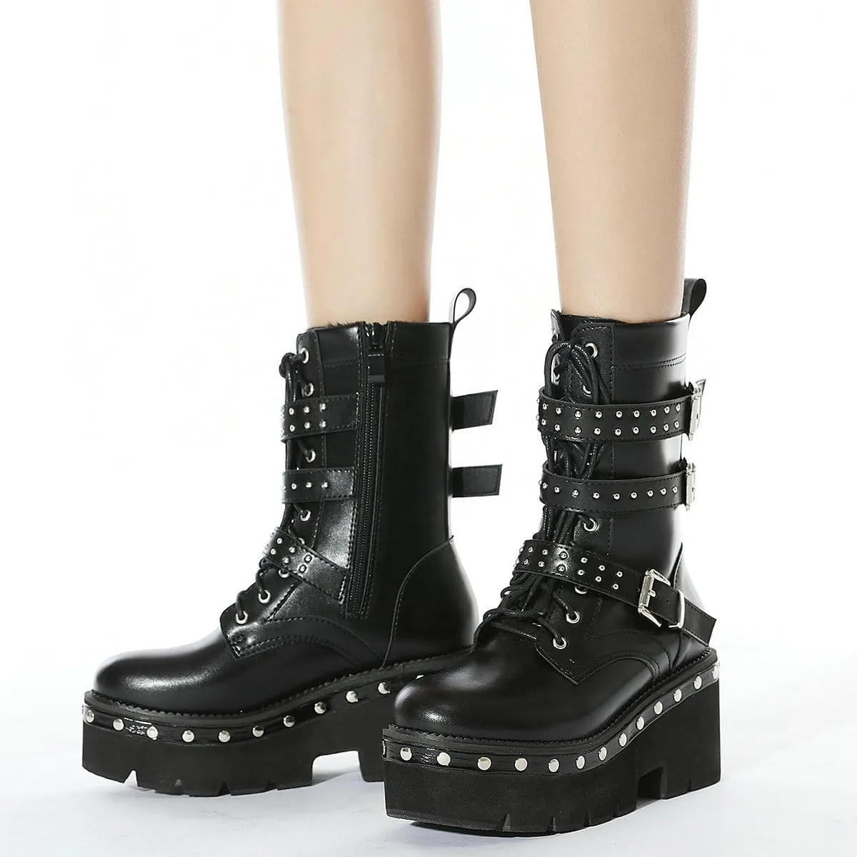 Parisuit Womens Goth Patent Ankle Boots Platform Chunky High Heel Lace Up Combat Boots Punk Short Booties