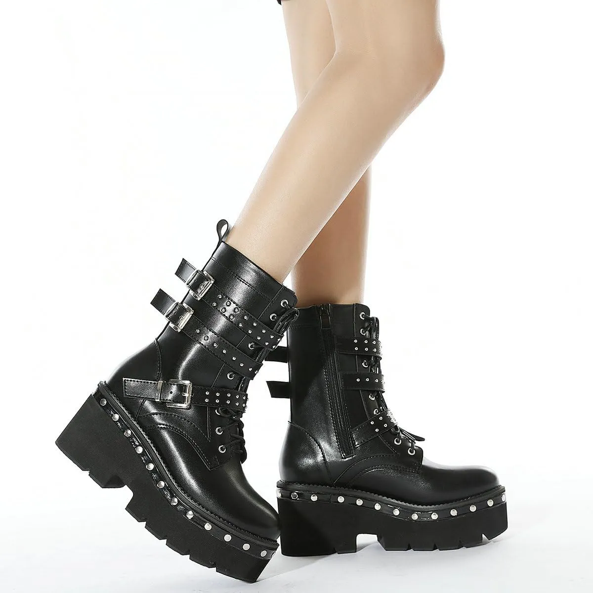 Parisuit Womens Goth Patent Ankle Boots Platform Chunky High Heel Lace Up Combat Boots Punk Short Booties