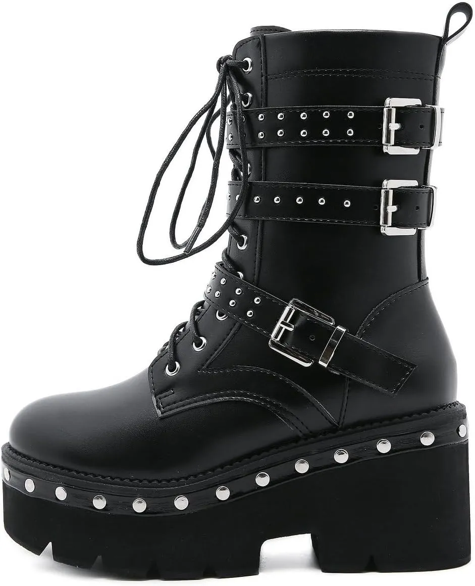 Parisuit Womens Goth Patent Ankle Boots Platform Chunky High Heel Lace Up Combat Boots Punk Short Booties