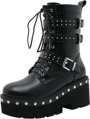 Parisuit Womens Goth Patent Ankle Boots Platform Chunky High Heel Lace Up Combat Boots Punk Short Booties