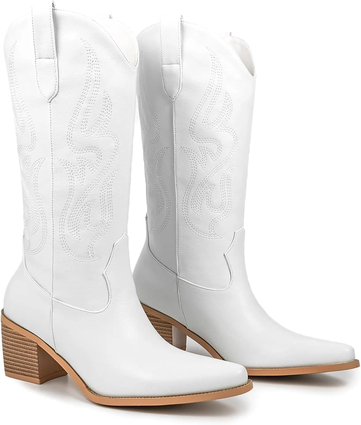 Pasuot Cowboy Boots for Women - Cowgirl Western Mid Calf Boots with Embroidery, Pointed Toe Retro Chunky Heel Slip On Fashion Classic Short Boots Pull On for Ladies Summer Fall