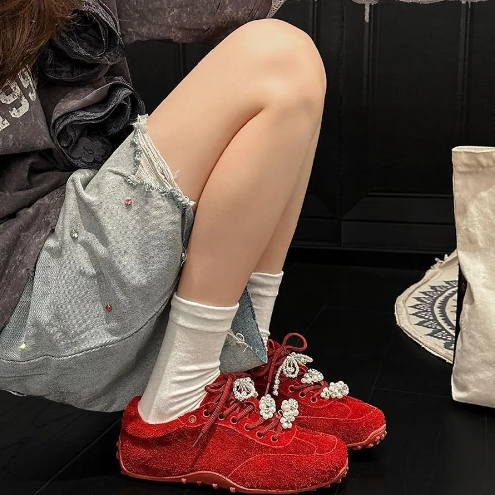 Pearl Lace-up Sneakerina Ballet Sneakers Women Girls Cute Y2K Red Retro Leather Round Toes Non-Slip Chunky Sole Platform Tennis Sneakers Preppy Back to School Gifts Daughter Granddaughter