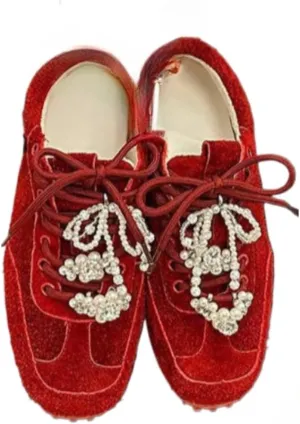 Pearl Lace-up Sneakerina Ballet Sneakers Women Girls Cute Y2K Red Retro Leather Round Toes Non-Slip Chunky Sole Platform Tennis Sneakers Preppy Back to School Gifts Daughter Granddaughter