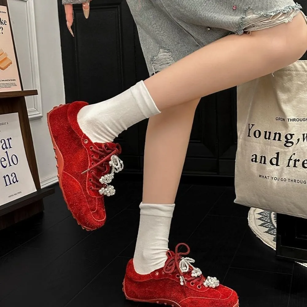 Pearl Lace-up Sneakerina Ballet Sneakers Women Girls Cute Y2K Red Retro Leather Round Toes Non-Slip Chunky Sole Platform Tennis Sneakers Preppy Back to School Gifts Daughter Granddaughter