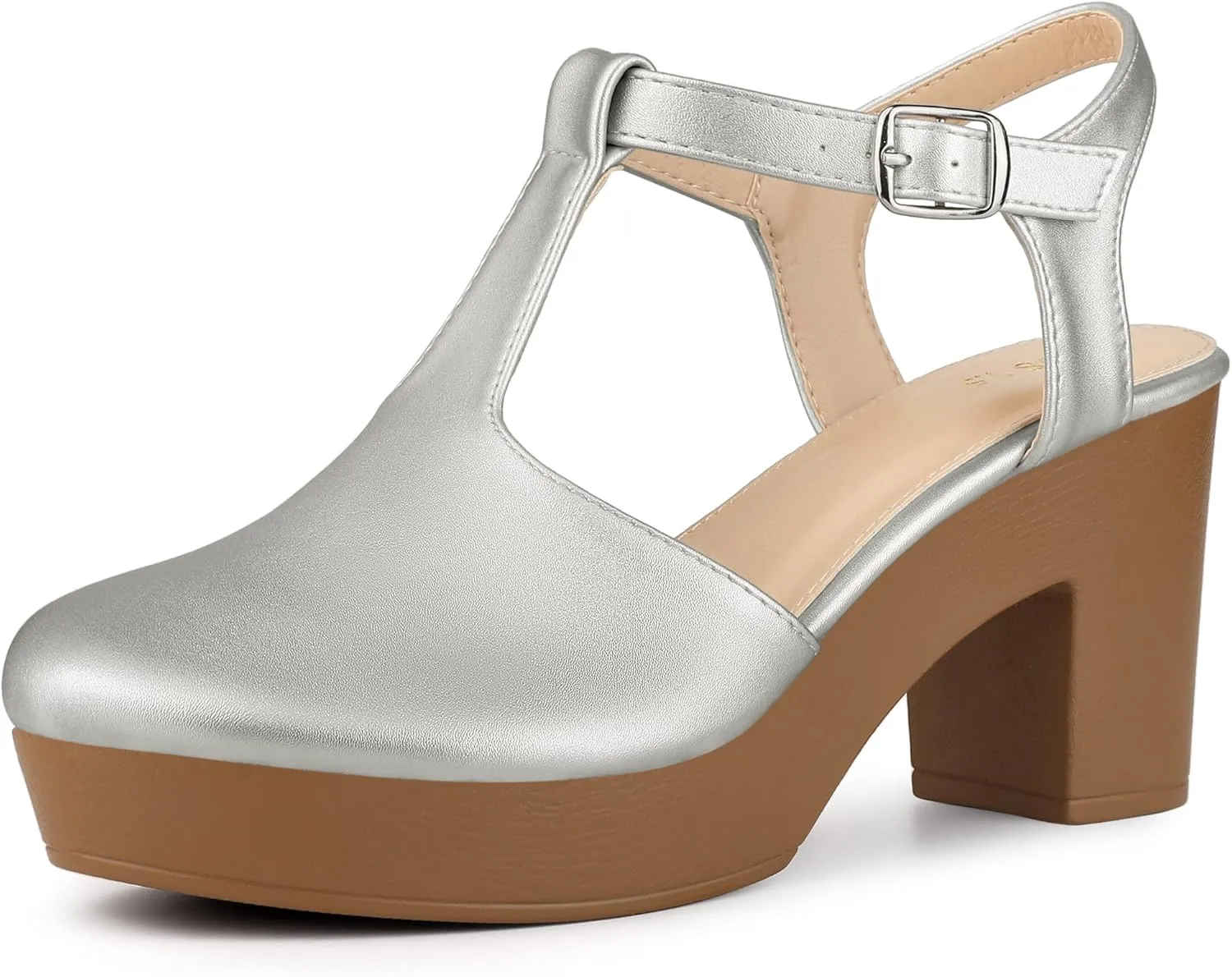 Perphy Platform T-Strap Shoes Chunky Heels Mules Sandals for Women