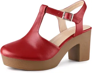 Perphy Platform T-Strap Shoes Chunky Heels Mules Sandals for Women