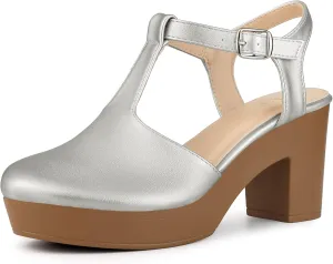 Perphy Platform T-Strap Shoes Chunky Heels Mules Sandals for Women