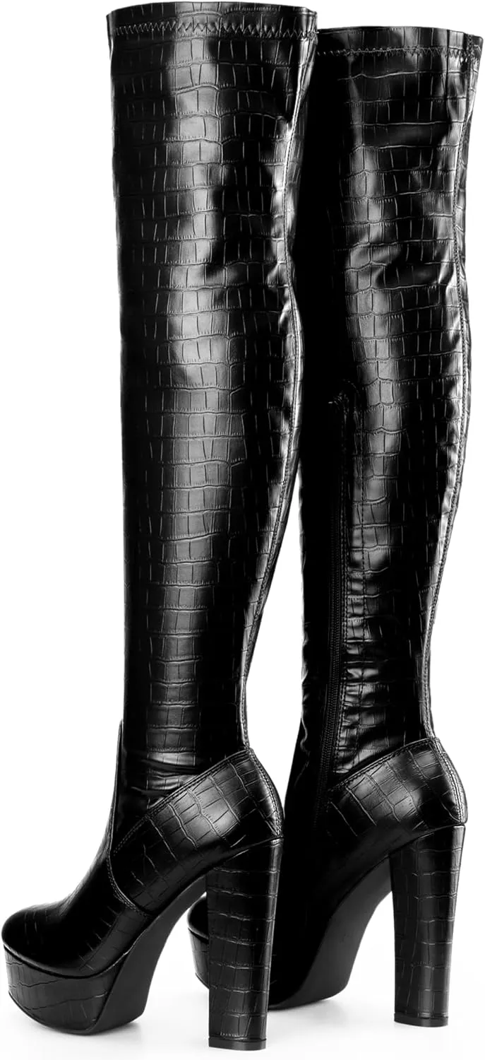 Perphy Stone Pattern Platform Boots Block Heels Over Knee Thigh High Boots for Women