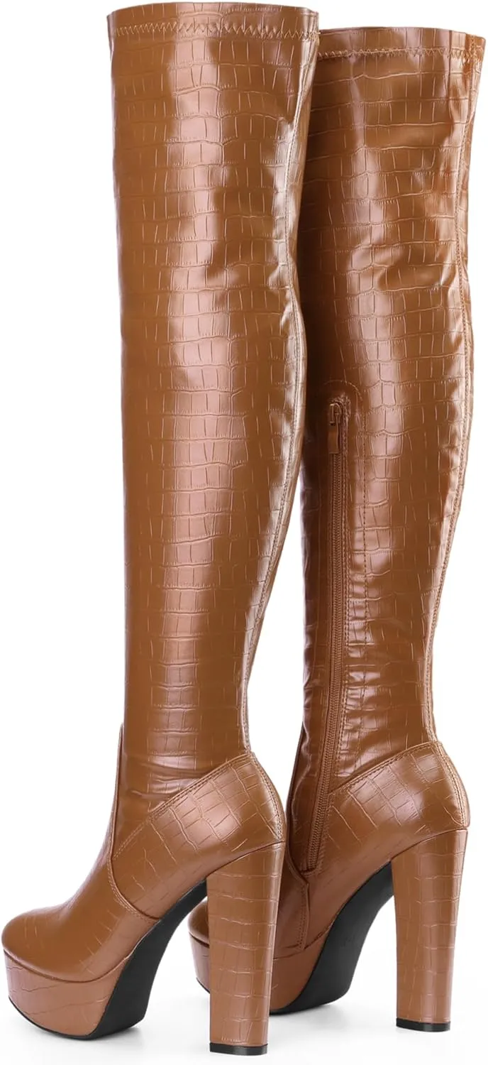 Perphy Stone Pattern Platform Boots Block Heels Over Knee Thigh High Boots for Women