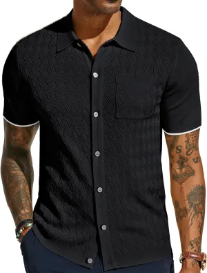 PJ PAUL JONES Mens Polo Shirt Short Sleeve Casual Knit Textured Button Down Polo Shirts with Pocket