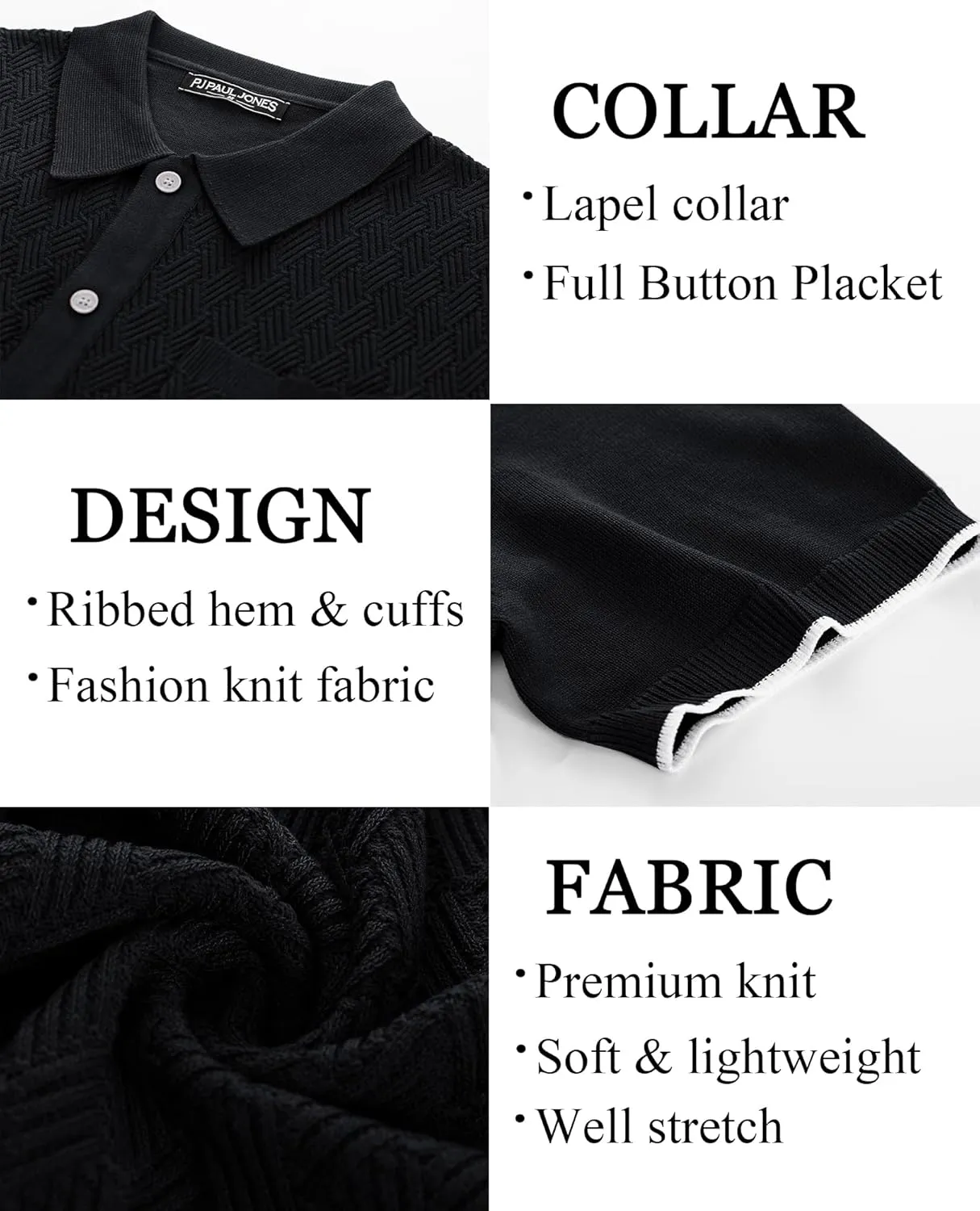 PJ PAUL JONES Mens Polo Shirt Short Sleeve Casual Knit Textured Button Down Polo Shirts with Pocket