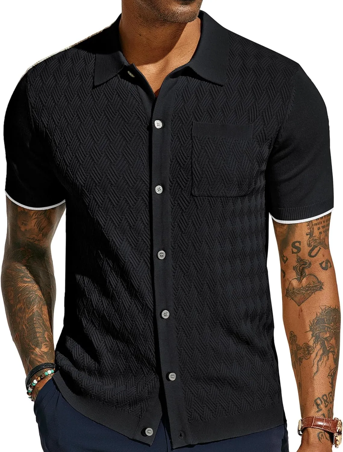 PJ PAUL JONES Mens Polo Shirt Short Sleeve Casual Knit Textured Button Down Polo Shirts with Pocket
